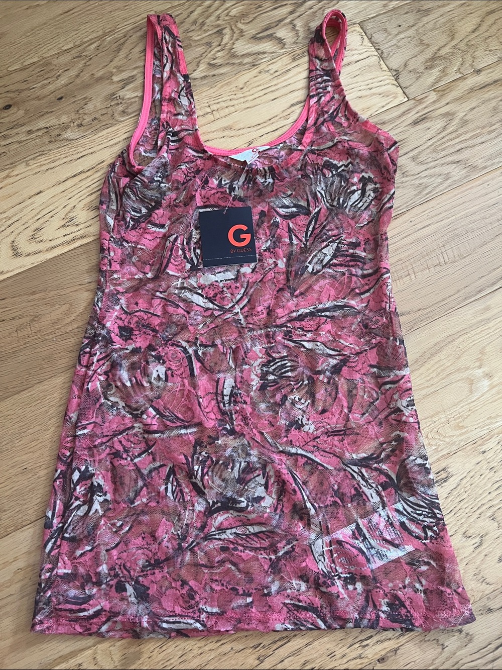 NWT - S - G by Guess - Coral Pink Floral Mesh Tank Top